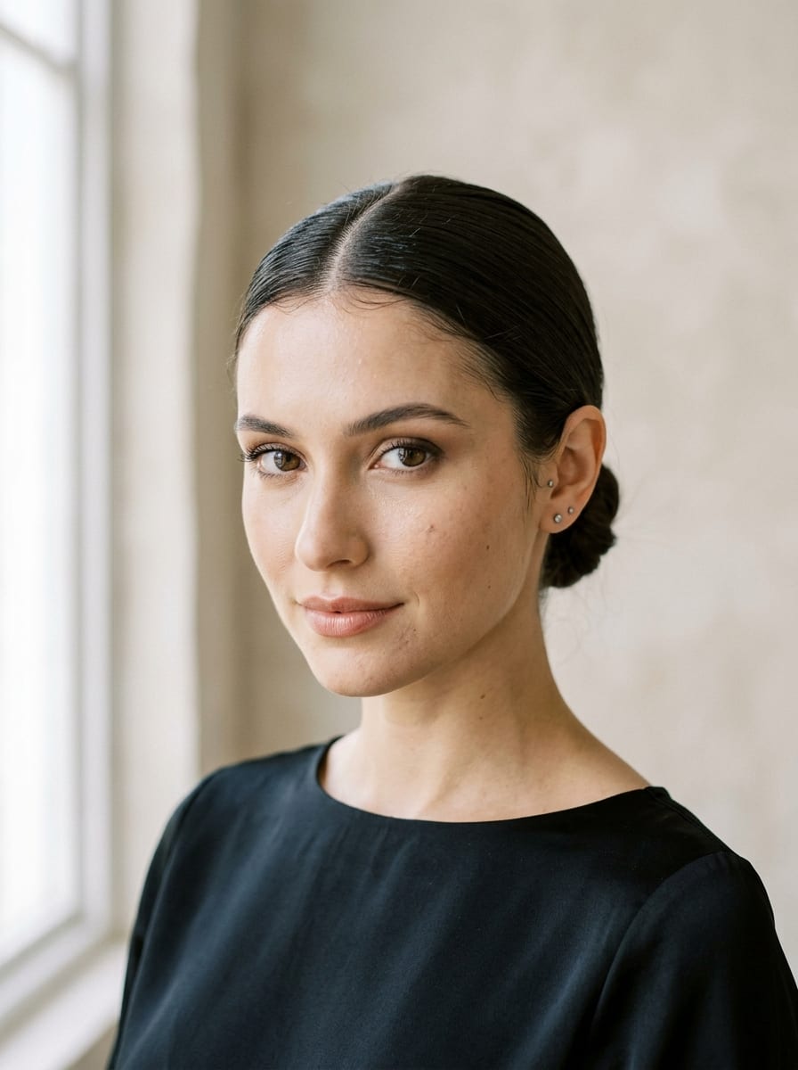 Sleek Low Bun mit Mittelscheitel - Dutt Frisur mittellang